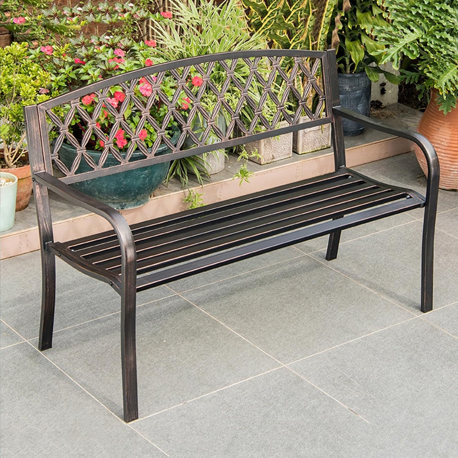 Outdoor Iron Metal Frame Bench with Knot-Pattern Mesh Back, Vintage Distressed 2 Person Seat with 105° Tilt & Curved Armrests, Weatherproof Garden Benches, for Lawn Backyard(White)