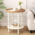 Function Home Round End Table, Farmhouse Side Table with Storage Shelf, 2 Tier Wooden Nightstand, 19.2” Accent Table for Living Room Bedroom Small Space, Natural Tray Top and Vintage White Spindle Leg