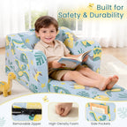 Comfy Kids Couch, 2-in-1 Fold Out Sofa Chair, Soft Foam Sofa for Playroom | Foam Support for Reading and Playing, Boys and Girls, Includes Cozy blanket, Dinosaur