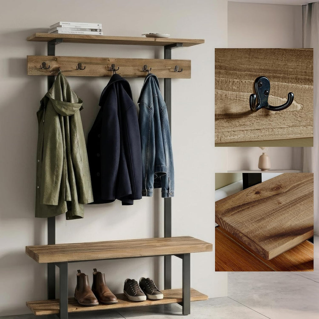 Alaterre Furniture Pomona Entryway Hall Tree – Modern Farmhouse 48-Inch Solid Wood Hall Tree with Bench, Shelves & Metal Coat Hooks – Mudroom & Foyer Storage for Jackets, Bags & Shoes (Rustic Brown)