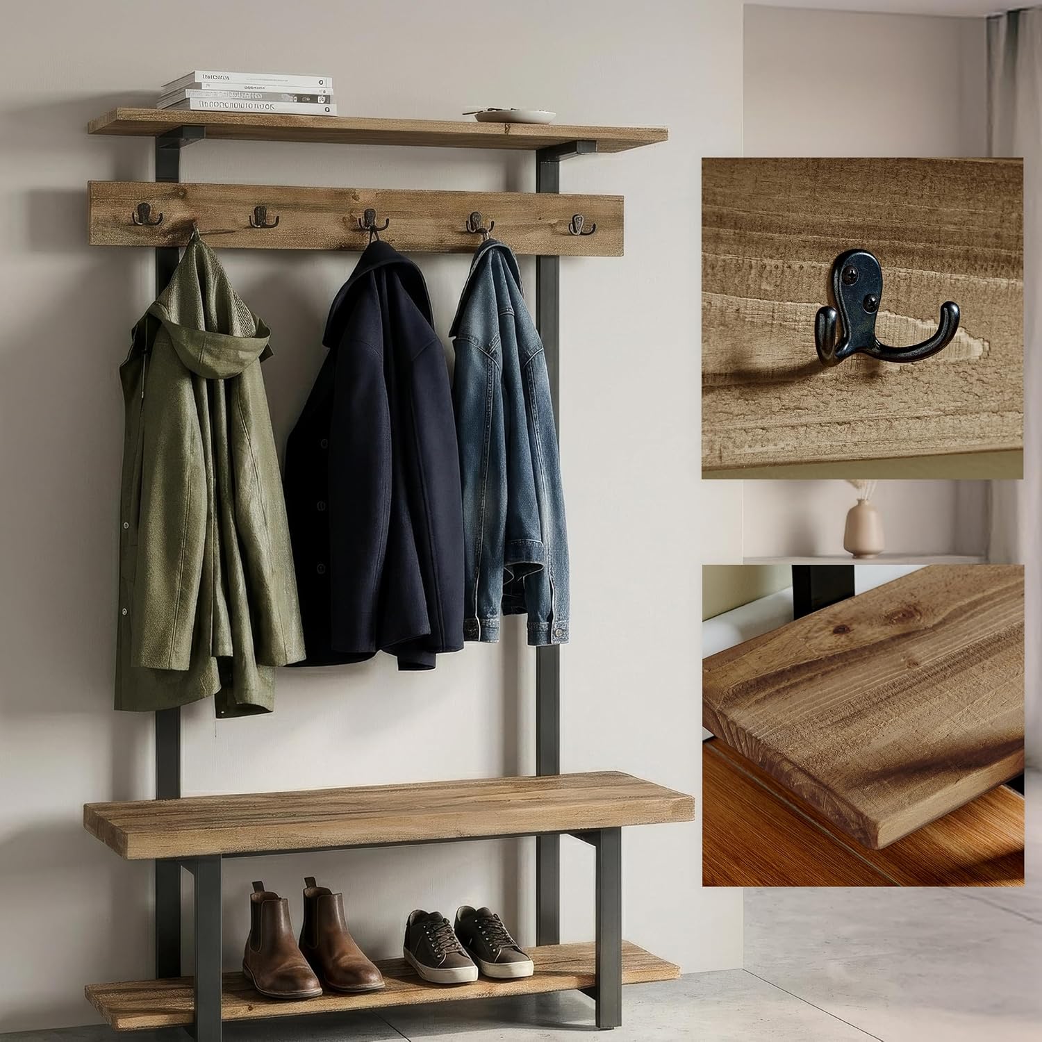 Alaterre Furniture Pomona Entryway Hall Tree – Modern Farmhouse 48-Inch Solid Wood Hall Tree with Bench, Shelves & Metal Coat Hooks – Mudroom & Foyer Storage for Jackets, Bags & Shoes (Rustic Brown)
