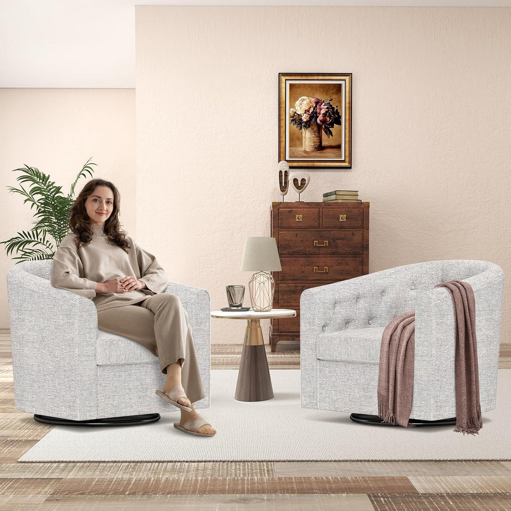 Simore Swivel Barrel Accent Chair Set of 2, Breathable Fabric Round Swivel Cuddle Chair Armchair for Nursery Living Room Bedroom Office, Light Gray