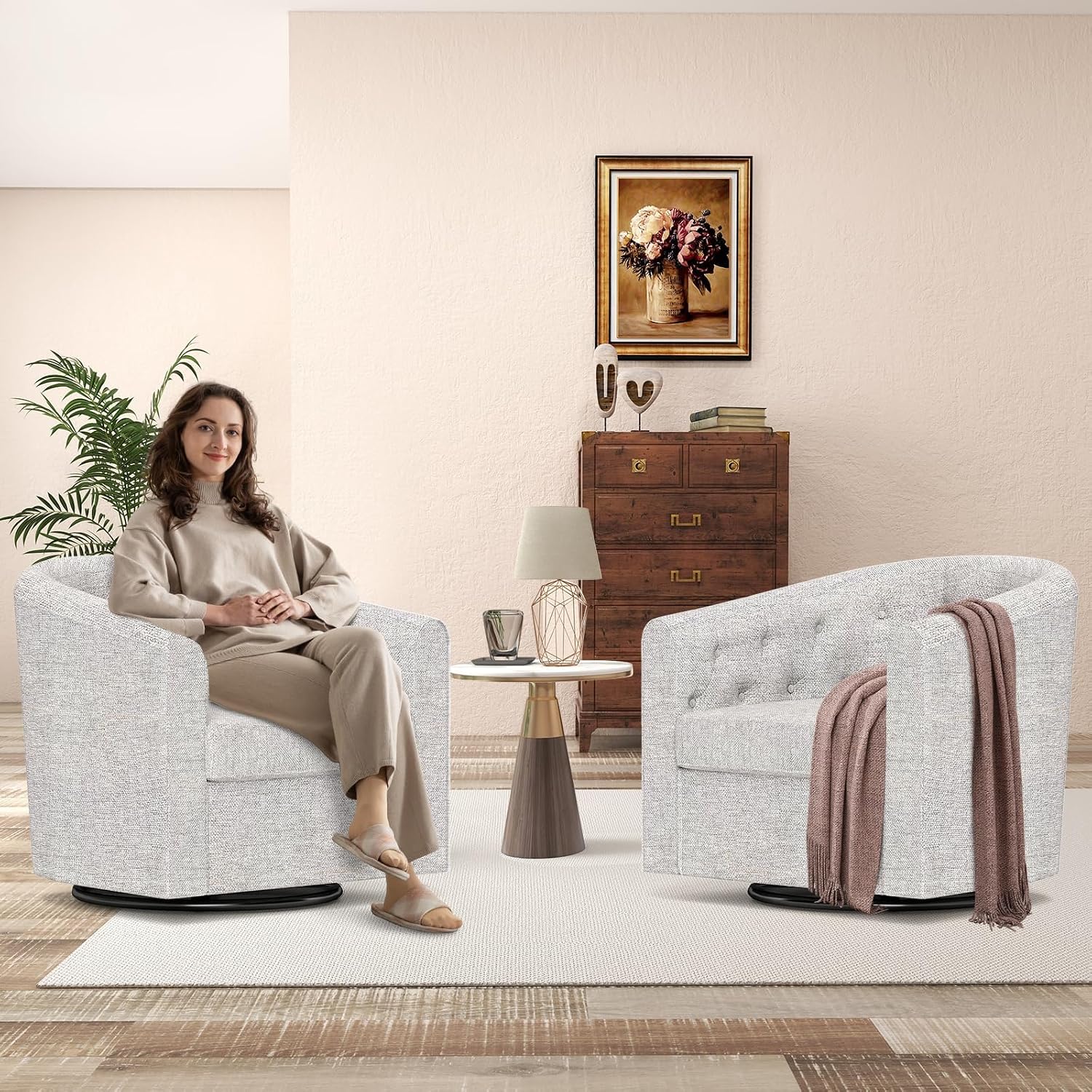 Simore Swivel Barrel Accent Chair Set of 2, Breathable Fabric Round Swivel Cuddle Chair Armchair for Nursery Living Room Bedroom Office, Light Gray