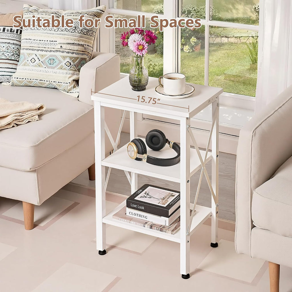 VECELO End Table, 24" Tall Living Room Side Tables, X-Design Reinforced Bedside Table, Nightstands with 3-Tier Storage Shelves for Small Spaces, Office, Bathroom, Bedroom, Pearl White, 1 Pack