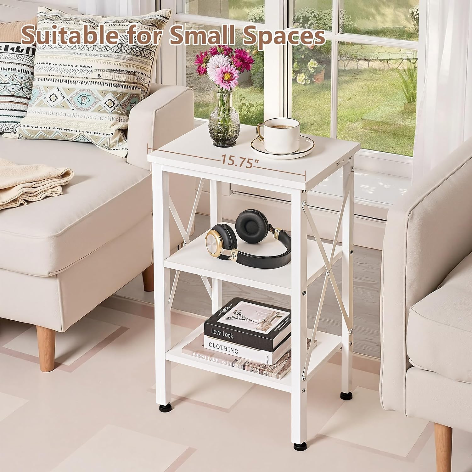 VECELO End Table, 24" Tall Living Room Side Tables, X-Design Reinforced Bedside Table, Nightstands with 3-Tier Storage Shelves for Small Spaces, Office, Bathroom, Bedroom, Pearl White, 1 Pack