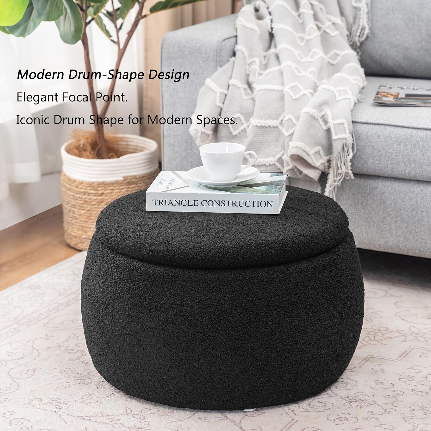 Homebeez 23" Round Storage Ottoman with Removable Lid, Faux Fur Footrest Stool - Modern Teddy Velvet Upholstered Coffee Table for Living Room, Bedroom, Entryway, Black