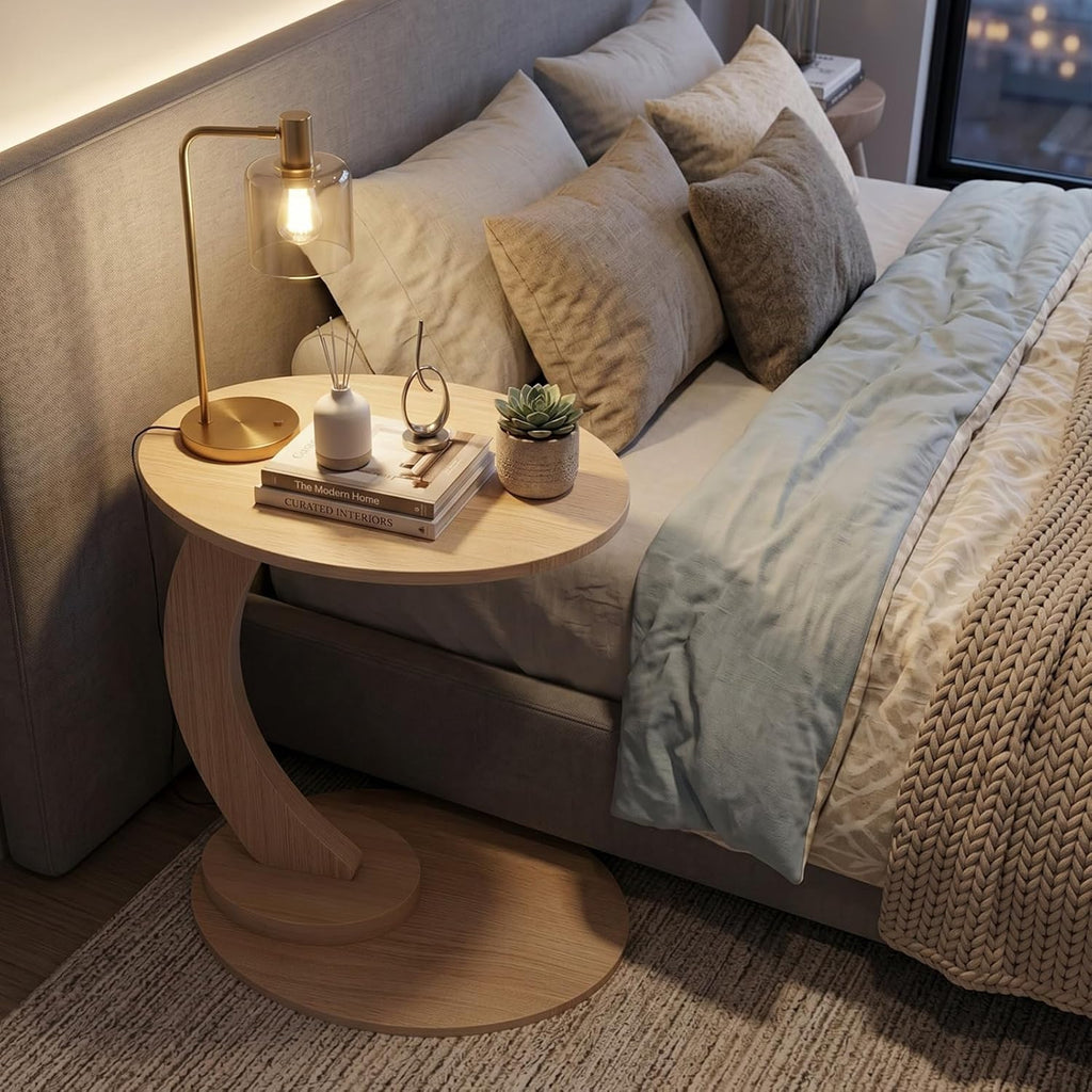 End Table,C Shaped Side Table,CouchTable that Slide Under, Wood Round Table for Couch,Small Sofa Table with Metal Frame for Bedroom,Living Room,Night Stand, Bedside Table for Small Space(Oak)