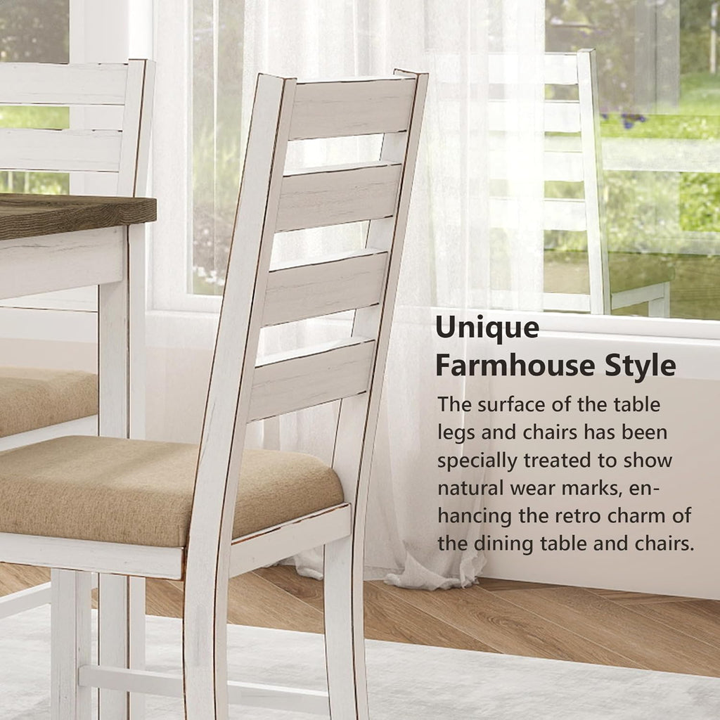 ROCSUMOO Farmhouse Dining Table Set with 4 Chairs and 1 Bench, 59" White Kitchen Table Set, Rectangular Dinner Room Table & Chairs Set Wood (4 Chairs & 1 Bench)