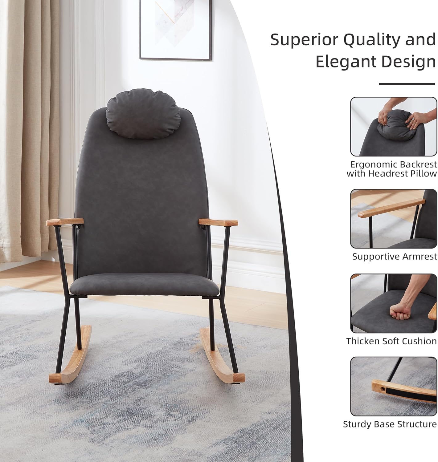 Nursery Rocking Chair Indoor, Small Rocking Chairs for Small Spaces, Upholstered Rocker Chair with High Back& Headrest Pillow, Comfy Rocking Chair for Bedroom, Living Room, Patio& Porch (Dark Grey)