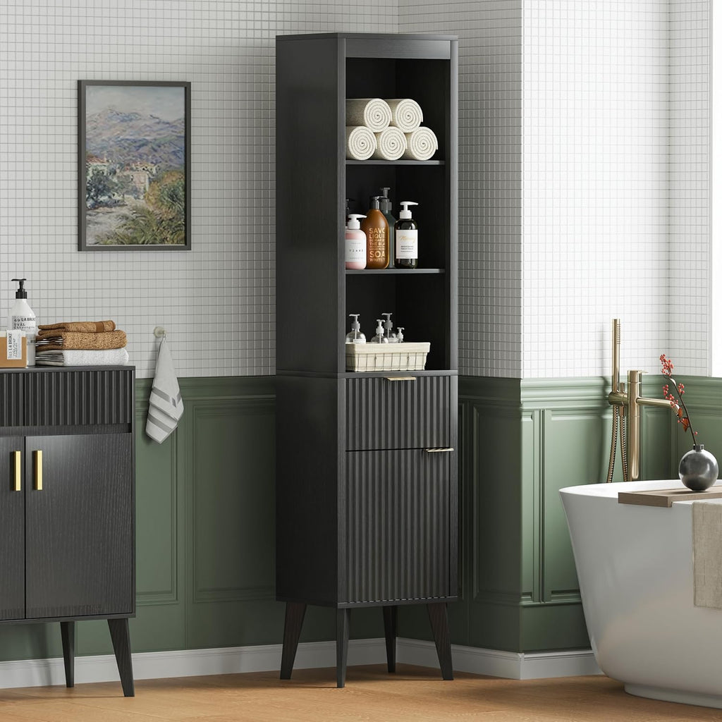 70" H Tall Storage Cabinet, Fluted Freestanding Floor Organizer for Bathroom, Kitchen Pantry, Utility Room, w/Drawer & Adjustable Shelves, Modern Accent in Black