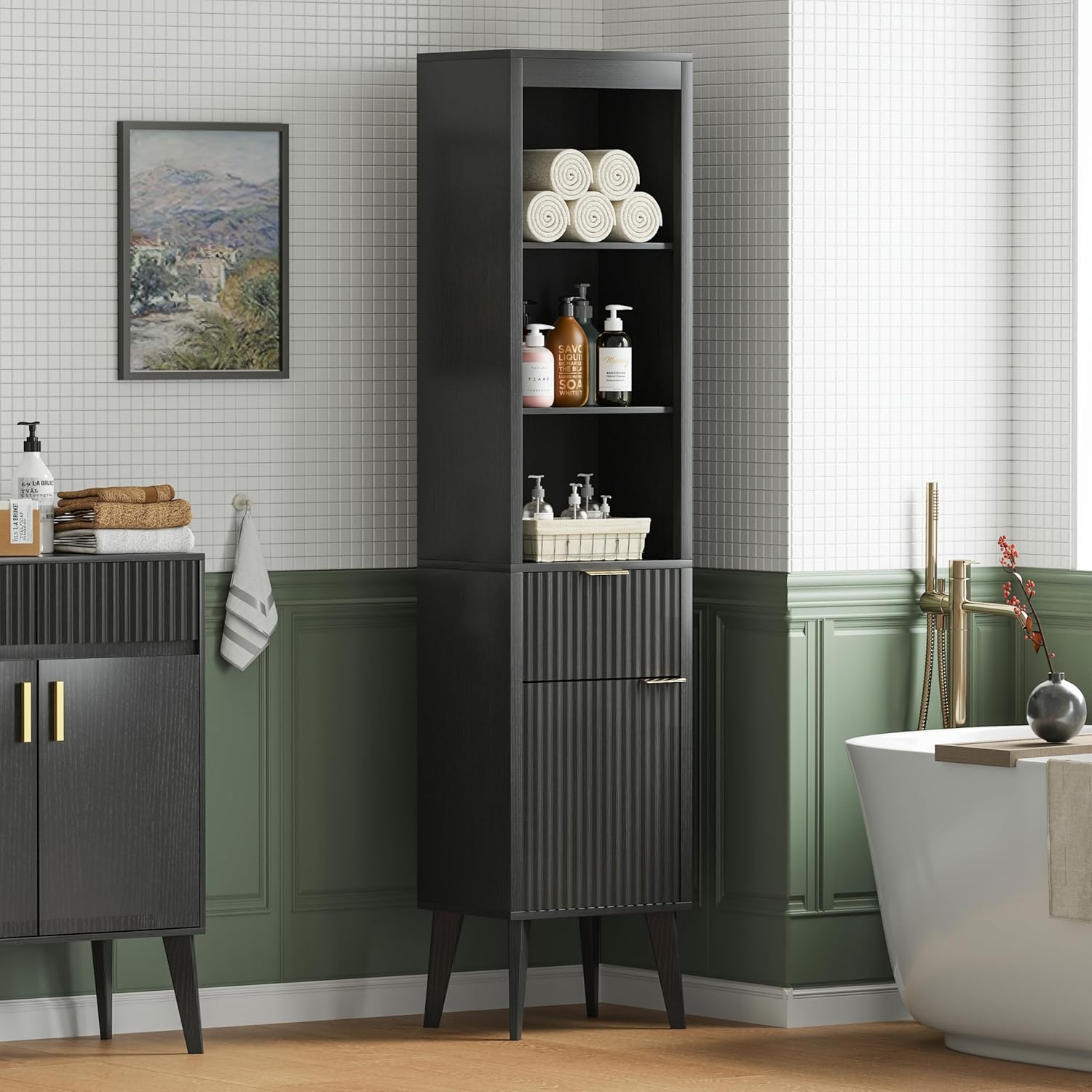 70" H Tall Storage Cabinet, Fluted Freestanding Floor Organizer for Bathroom, Kitchen Pantry, Utility Room, w/Drawer & Adjustable Shelves, Modern Accent in Black
