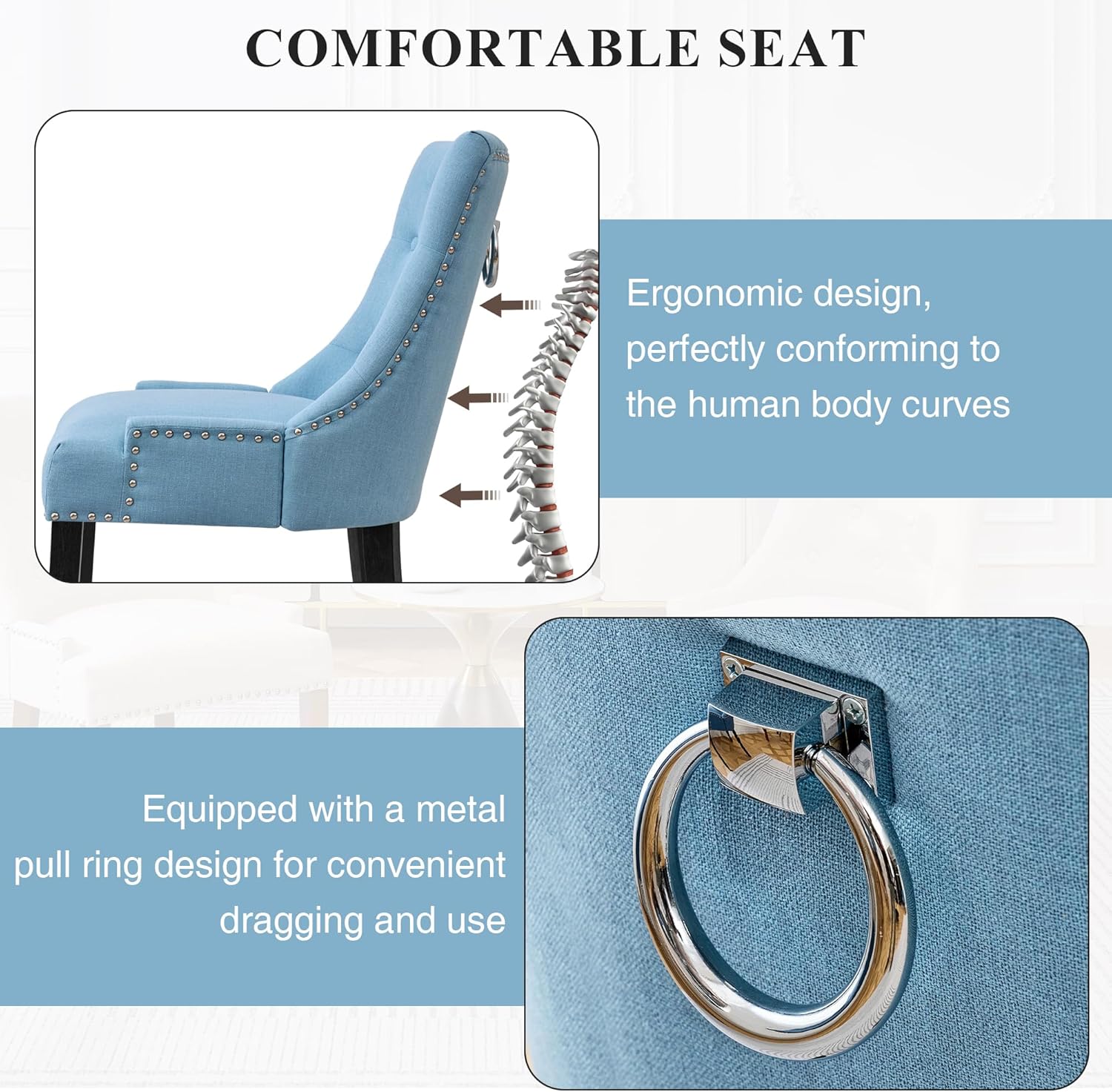 adochr Dining Chairs Set of 6, Upholstered Fabric Dining Room Chairs with Nailhead High Back & Ring Pull & Wooden Legs, Mid-Century Modern Kitchen Chairs for Restaurant, Living Room, Light Blue