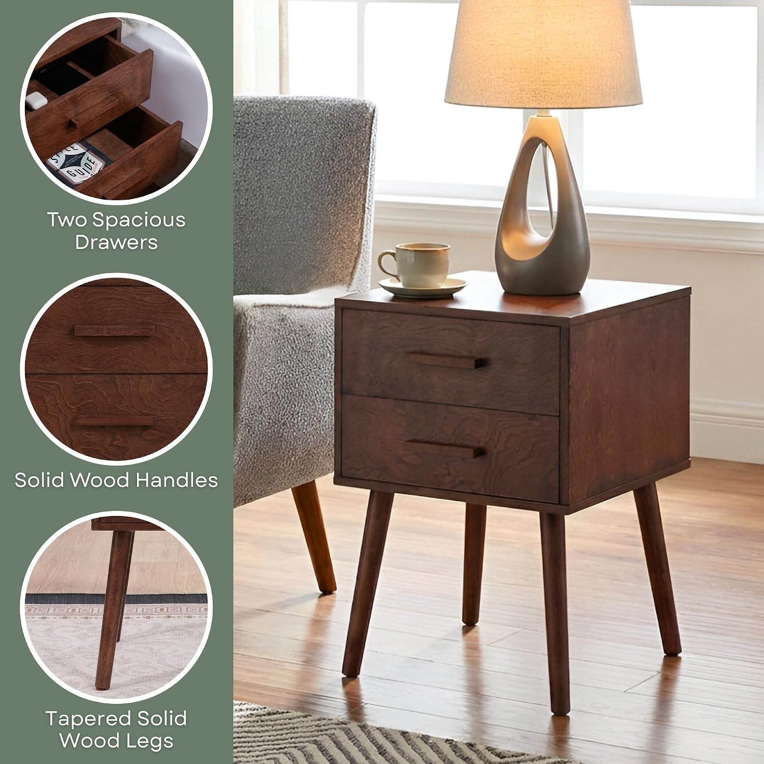 Convenience Concepts Oslo 2 Drawer End Table 15.75" - Mid-Century Modern Side Accent with Storage Drawers for Living or Family Room, Bedroom Nightstand, Espresso/Espresso