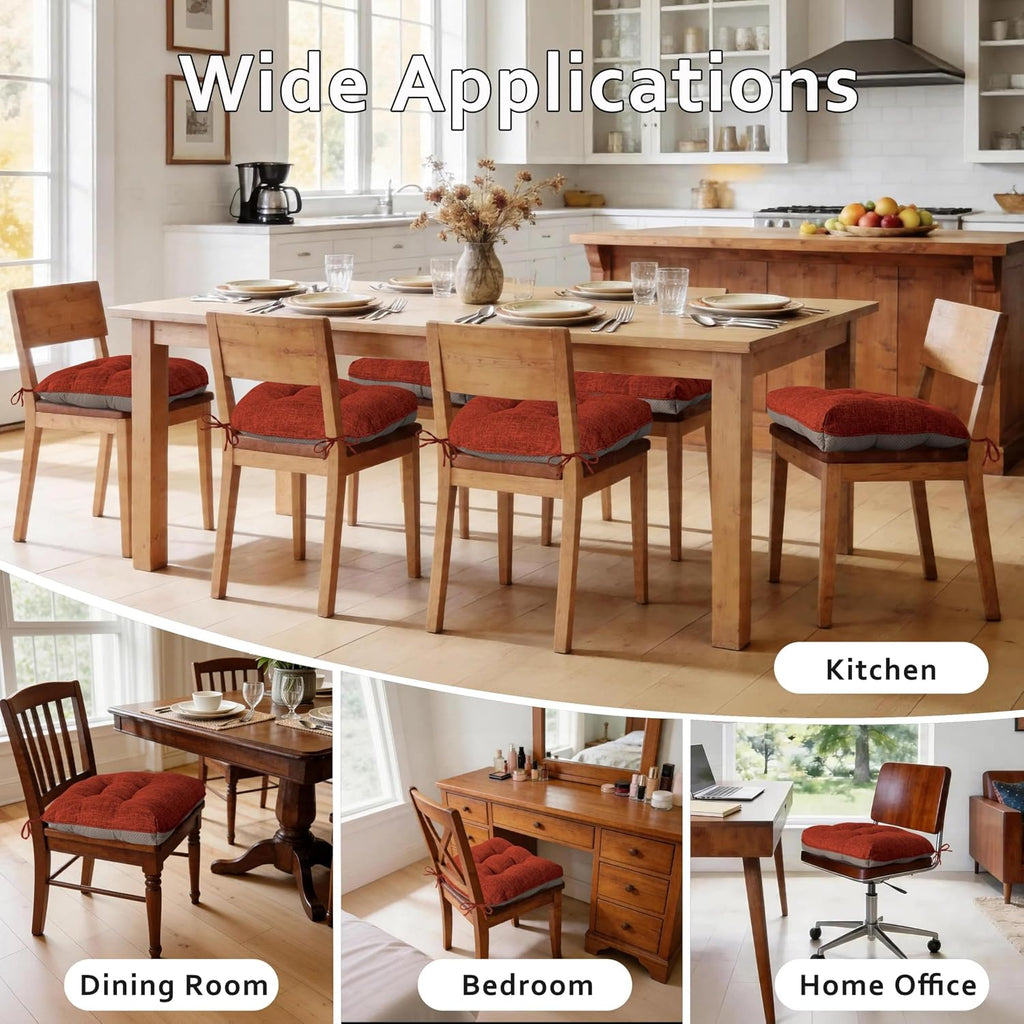 ELFJOY Chair Cushions for Dining Chairs 18" x 18" x 3" Kitchen Chair Cushions Set of 4 Tufted Chair Pads with Ties and Non-Slip Backing Comfortable Seat Cushion for Indoor Dining Room (Rust)