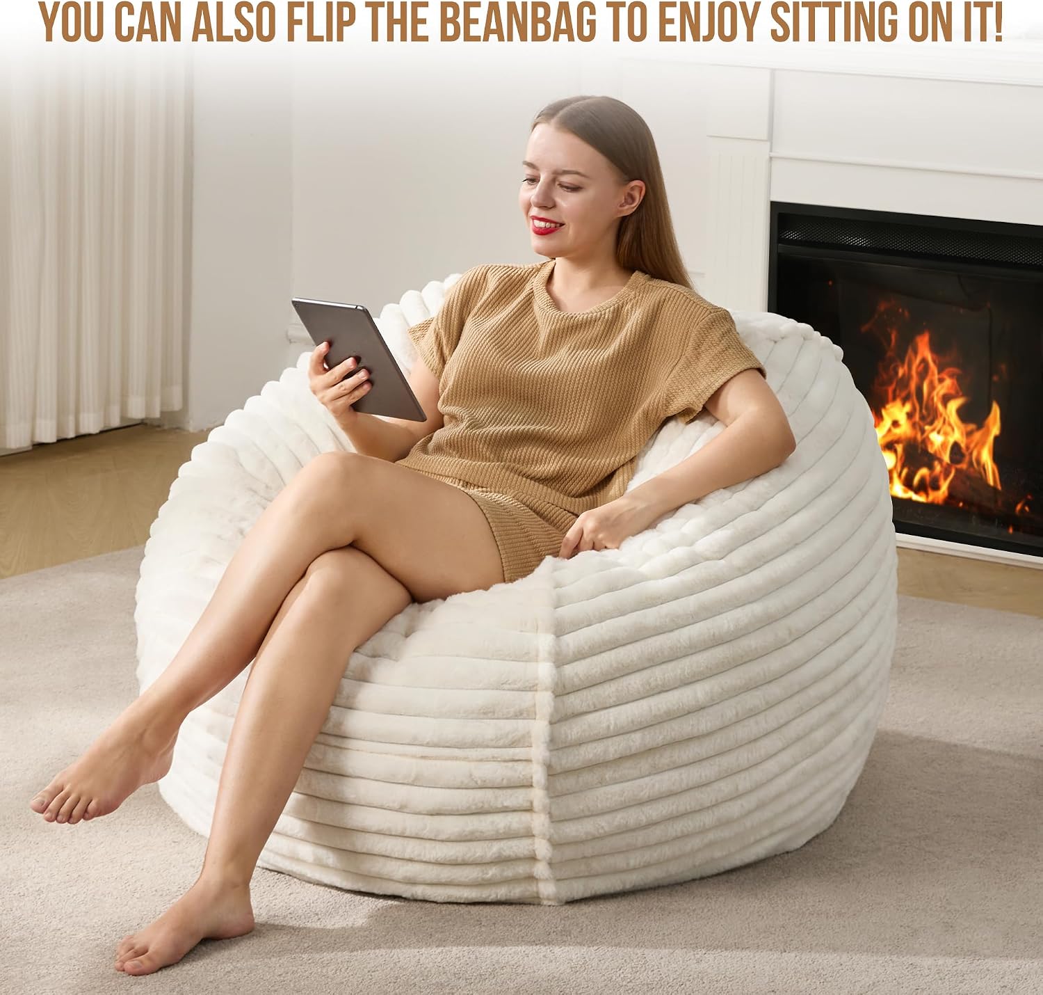 Hobestluk Adult Bean Bag Chair Giant Beanbag with Filling Living Room 3FT | White Large Big Oversized Bean Bag Chair Memory Foam Filling Machine Washable Fluffy Cover Bedroom Dorm Reading Gaming