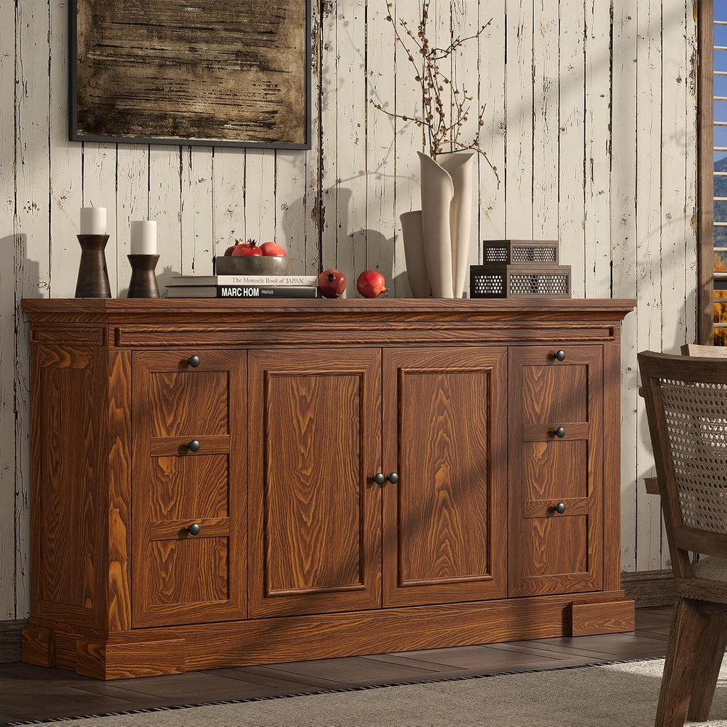 Sideboard Buffet Cabinet with Storage, 63" Large Credenza Kitchen Storage Cabinets with Drawer and Door, Wood Coffee Bar Table with Adjustable Shelf for Living Room, Kitchen, American Retro, Brown