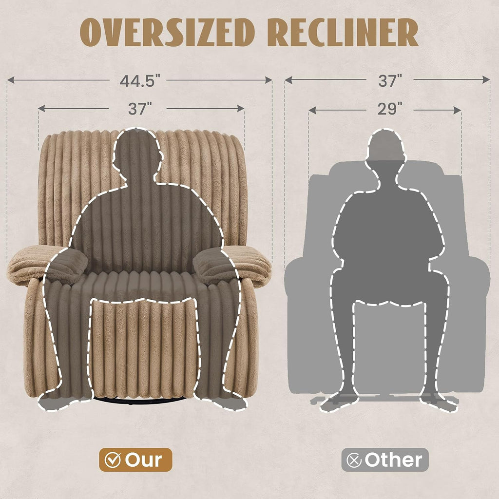 GRAINELL Oversize 40-Inch Swivel Glider Recliner, Wide Stripe Fabric Rocking Chair with 360° Rotation, for Adults Nursery Living Room (Khaki)