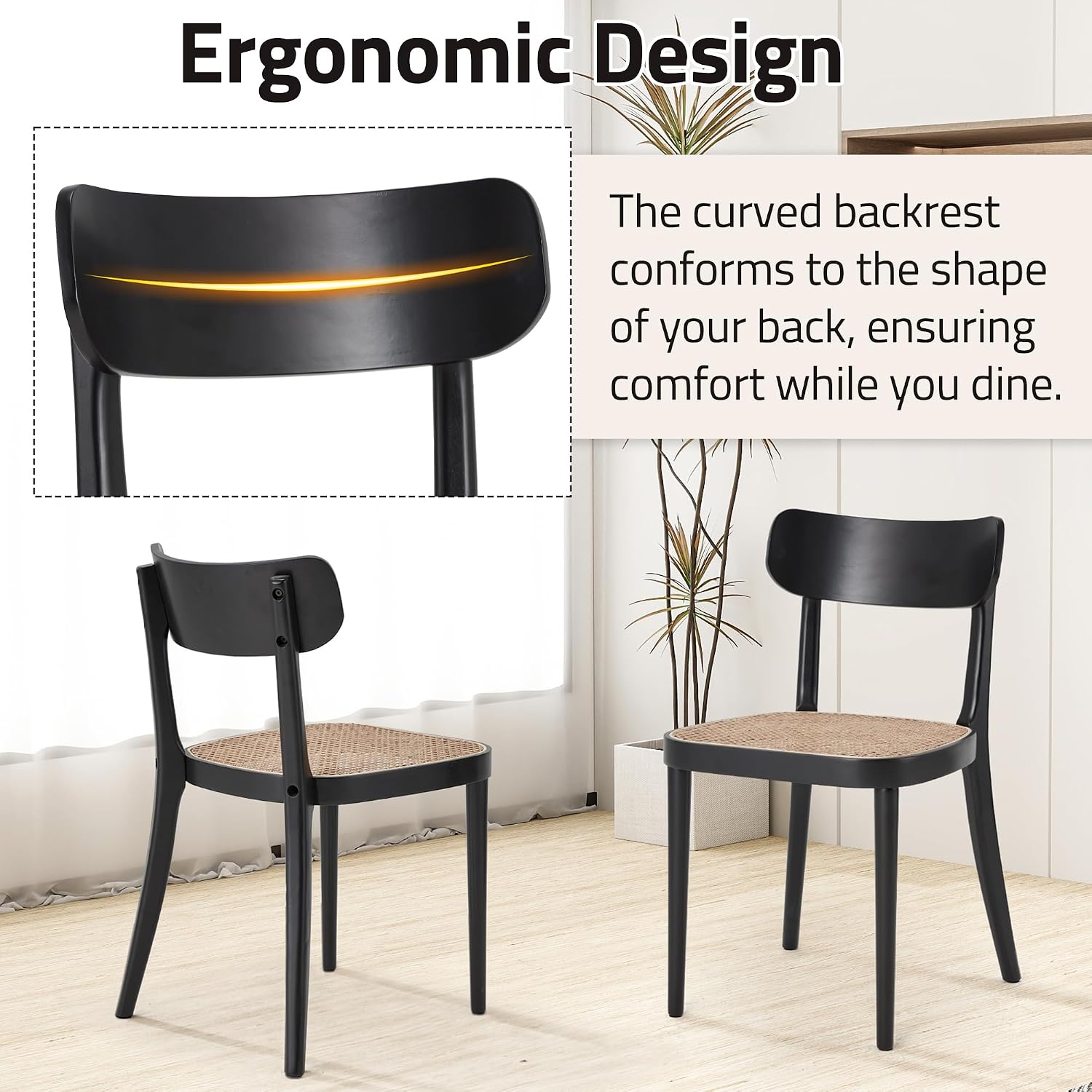 AVAWING Black Wood Dining Chairs Set of 4, Farmhouse Dining Chairs with Cane Seat and Curved Back for Kitchen & Dining Room
