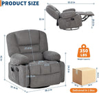 Swivel Rocker Recliner Chair with Heat and Massage, 360° Swivel Vibration Recliner Nursery Glider with Side Pocket and Cup Holders for Living Room, Bedroom, Home Theater Dark Grey