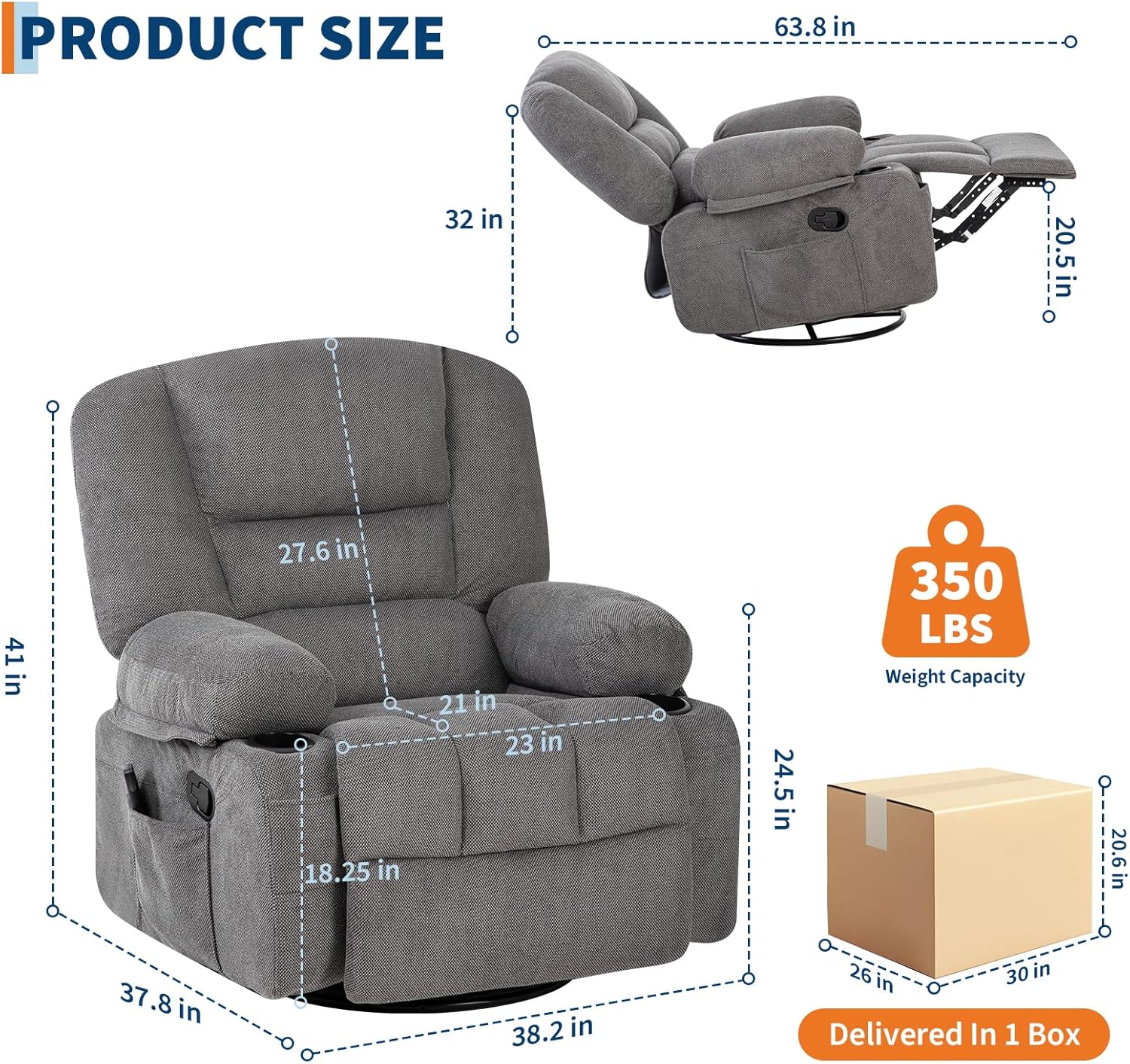 Swivel Rocker Recliner Chair with Heat and Massage, 360° Swivel Vibration Recliner Nursery Glider with Side Pocket and Cup Holders for Living Room, Bedroom, Home Theater Dark Grey