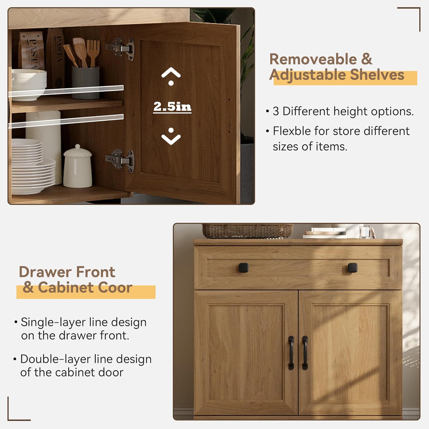 FENSULN Buffet Sideboard Cabinet Farmhouse Modern Storage Cabinet with Drawer and Doors for Kitchen, Coffee Bar, Living Room, Oak