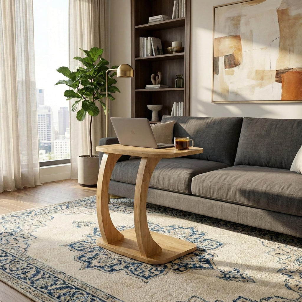 Modern C-Shaped Side Table, Curved Wood End Table for Couch, Sofa & Bed, Elegant TV Tray Table for Eating & Snacks, Space Saving Laptop Stand for Small Spaces, Unique Accent Furniture Piece
