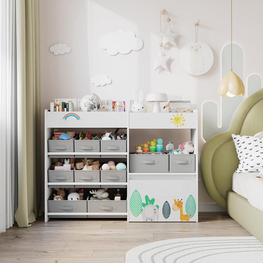 BOTLOG Kids Bookshelf with Fabric Bins and Movable Toy Chest, Toy Storage Organizer for Kids, Toddler Montessori Bookshelf for Nursery, Playroom, Kindergarten