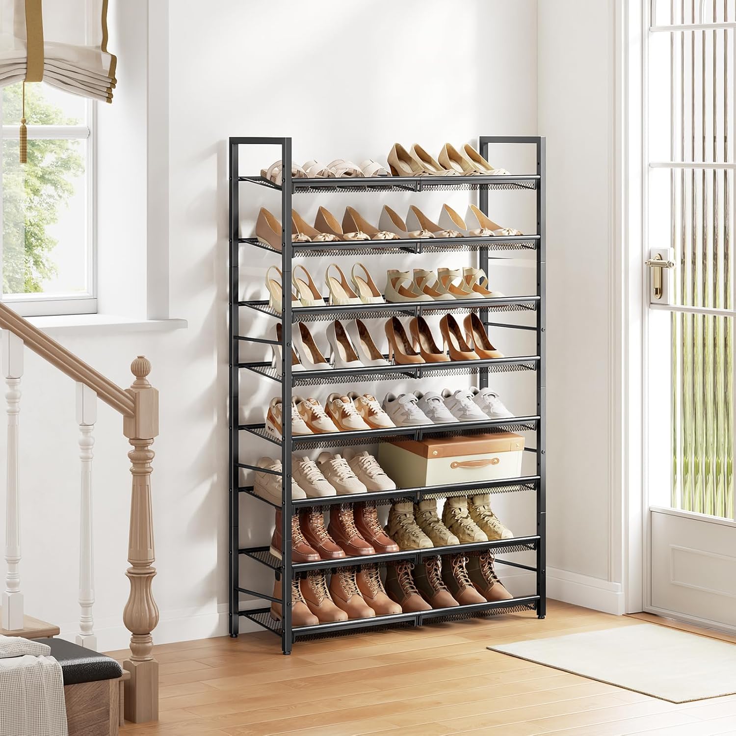 8 Tier Metal Shoe Rack, Tall Shoe Organizer Holds 32-40 Pairs, with Adjustable Flat or Angled Shelves, Shoe Storage Shelf for Closet, Entryway, Garage, Black