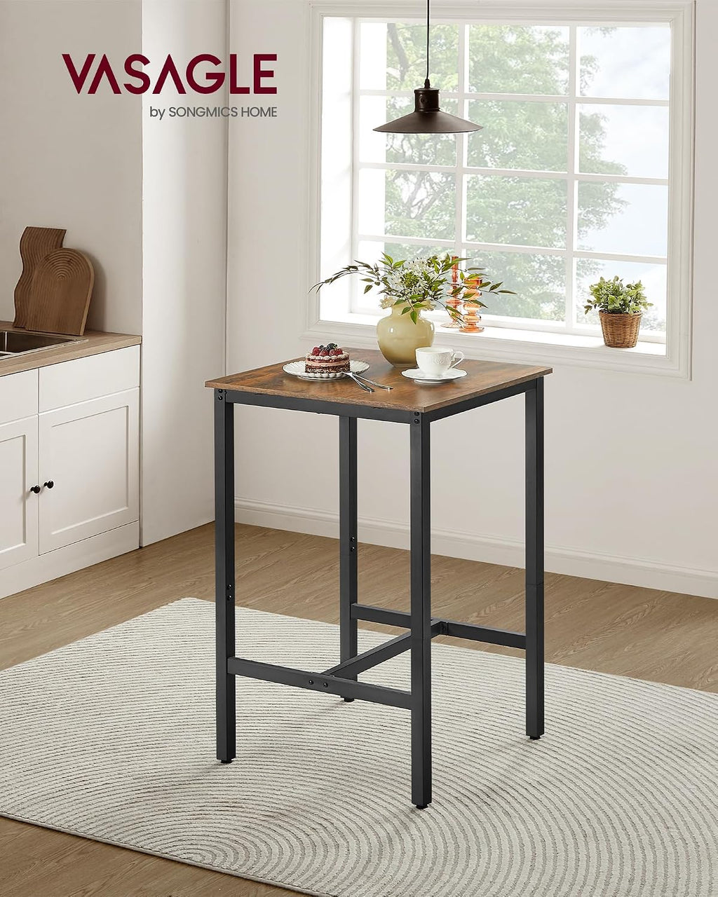 VASAGLE Bar Table, Kitchen Dining Table, High Top Pub Table, Bar Height Cocktail Table for Living Room Party, Sturdy Metal, 23.6 x 23.6 x 41.7 Inches for Narrow Spaces, Rustic Brown and Ink Black