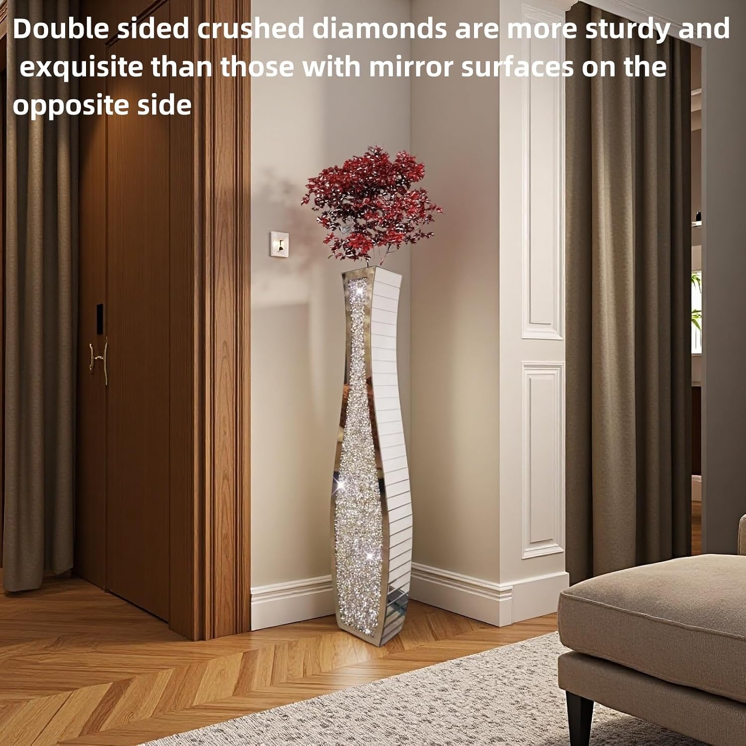 36" Extra Tall Double Sided Crushed Diamond Vases, Mirrored Silver Vase,Floor Vases Decorative Tall, Large Decorative Vase for Home,Office,Hotel Decor(7.72" L x4.33 W x 36" H)