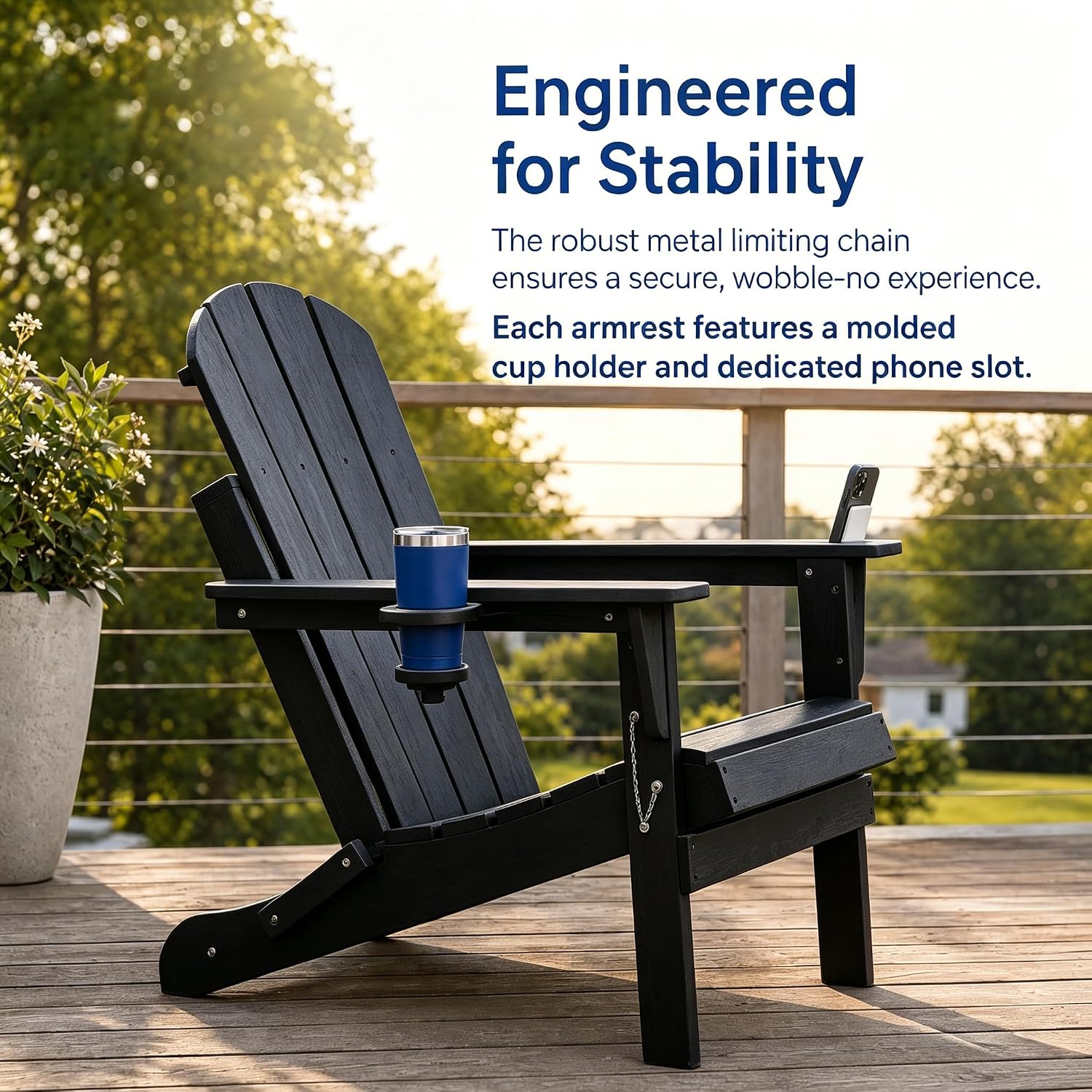 Foldable Adirondack Chair Set of 2/4/6, HDPE Outdoor Patio Chair with Cup Holder & Phone Slot, Heavy Duty 380 lbs, Metal Limit Chain, Space Saving Folding, Multiple Colors (4, Black)