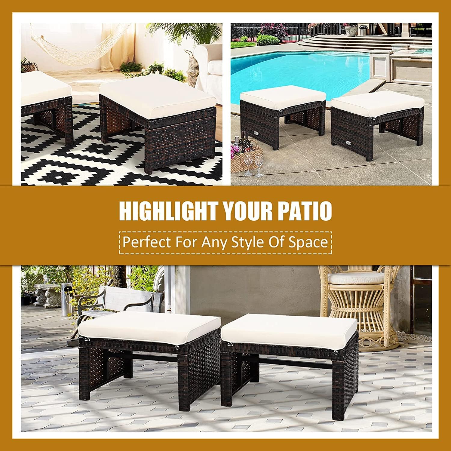 DORTALA Outdoor Ottoman Wicker 2 Piece, Patio Ottomans PE Rattan Foot Rest Footstool with Cushions for Garden, Poolside, White