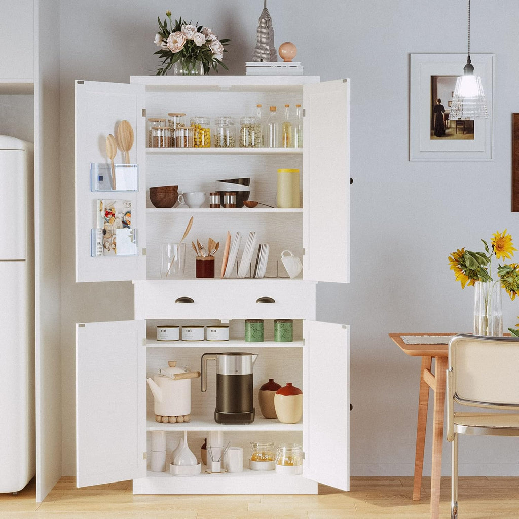 IRONCK Kitchen Pantry Storage Cabinet 72.6" H, with Barn Doors, Drawer, 4 Adjustable Shelves, Freestanding Cupboard, Laundry, White