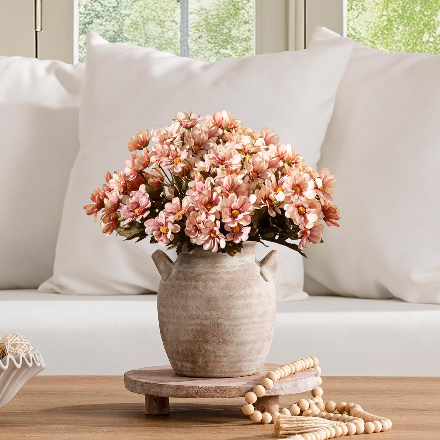 Vanselia Ceramic Flower Vase Home Decor - Farmhouse Table Vases with Handle Living Room Decoration Vintage Decorative Aesthetic for Shelf Coffee Dining Desk House Bookshelf Fireplace (7.1" Retro)
