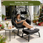 Double Wicker Egg Chair with Ottoman, Indoor Outdoor Egg Basket Lounge Chair with Thick Cushion, 650 lbs Capacity Oversized Rattan Egg Shaped Chair with Leg for Patio Balcony Garden (Black)