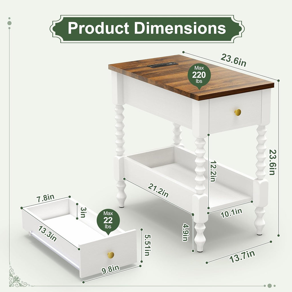 YOSHOOT Farmhouse End Table with Charging Station Set of 2 - Narrow Side Table for Living Room Bedroom Small Space, Wood Nightstand with Drawer and Power Outlets, White