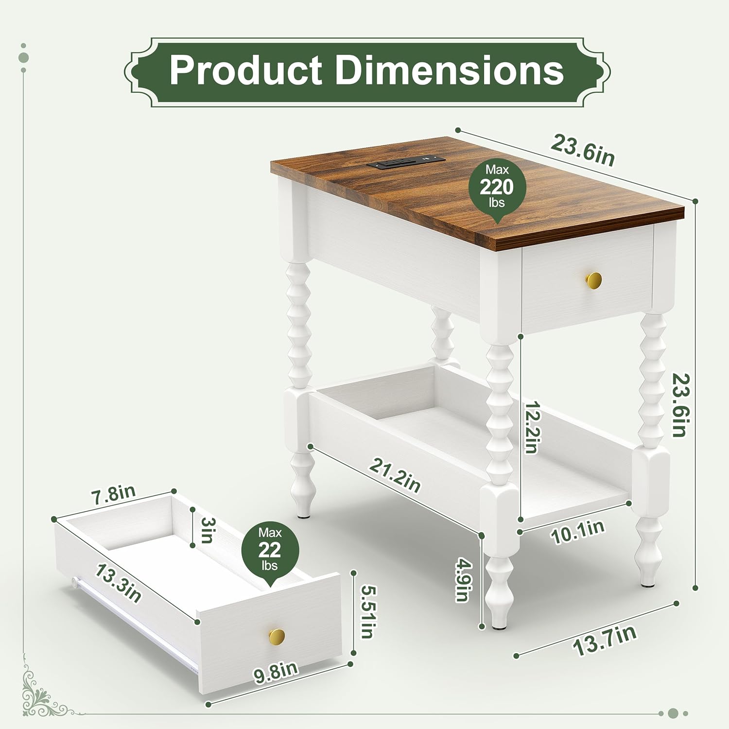 YOSHOOT Farmhouse End Table with Charging Station Set of 2 - Narrow Side Table for Living Room Bedroom Small Space, Wood Nightstand with Drawer and Power Outlets, White