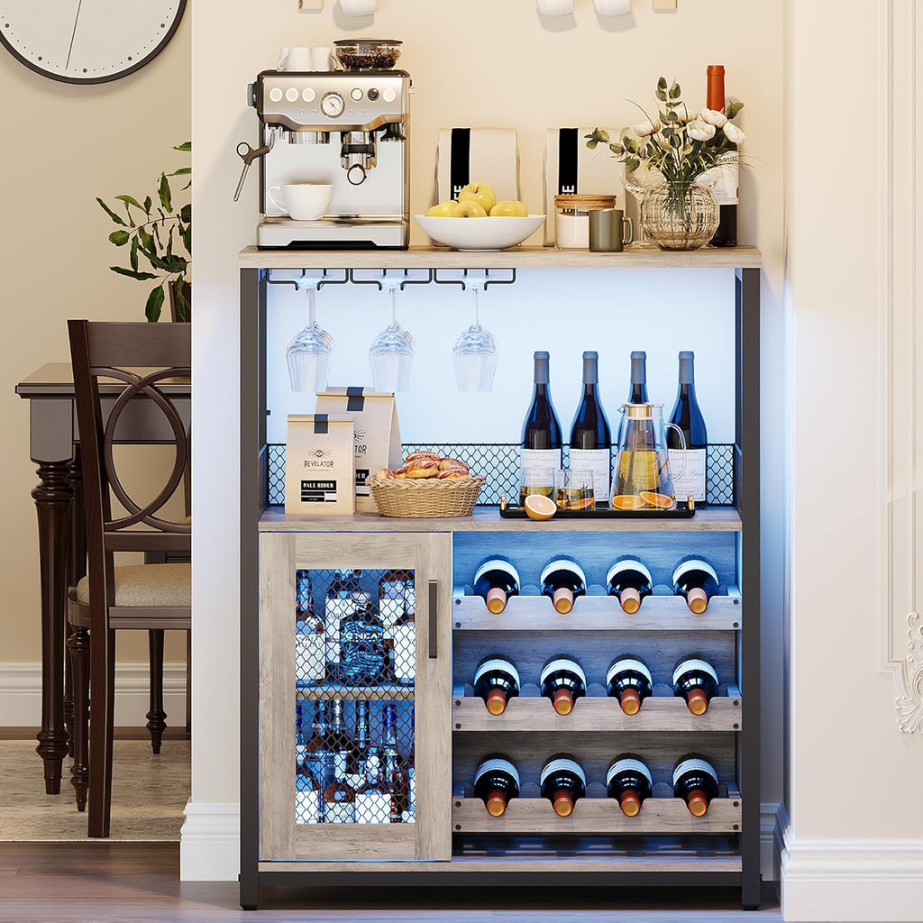 GarveeHome 3-Tier Wine Bar Cabinet with LED Lights & Wine Rack, Liquor Cabinet with Storage, Coffee Bar Cabinet with Glass Holder & Mesh Door, Sideboard Buffet Bar for Living Room, Dining Room, Grey