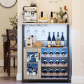 GarveeHome 3-Tier Wine Bar Cabinet with LED Lights & Wine Rack, Liquor Cabinet with Storage, Coffee Bar Cabinet with Glass Holder & Mesh Door, Sideboard Buffet Bar for Living Room, Dining Room, Grey