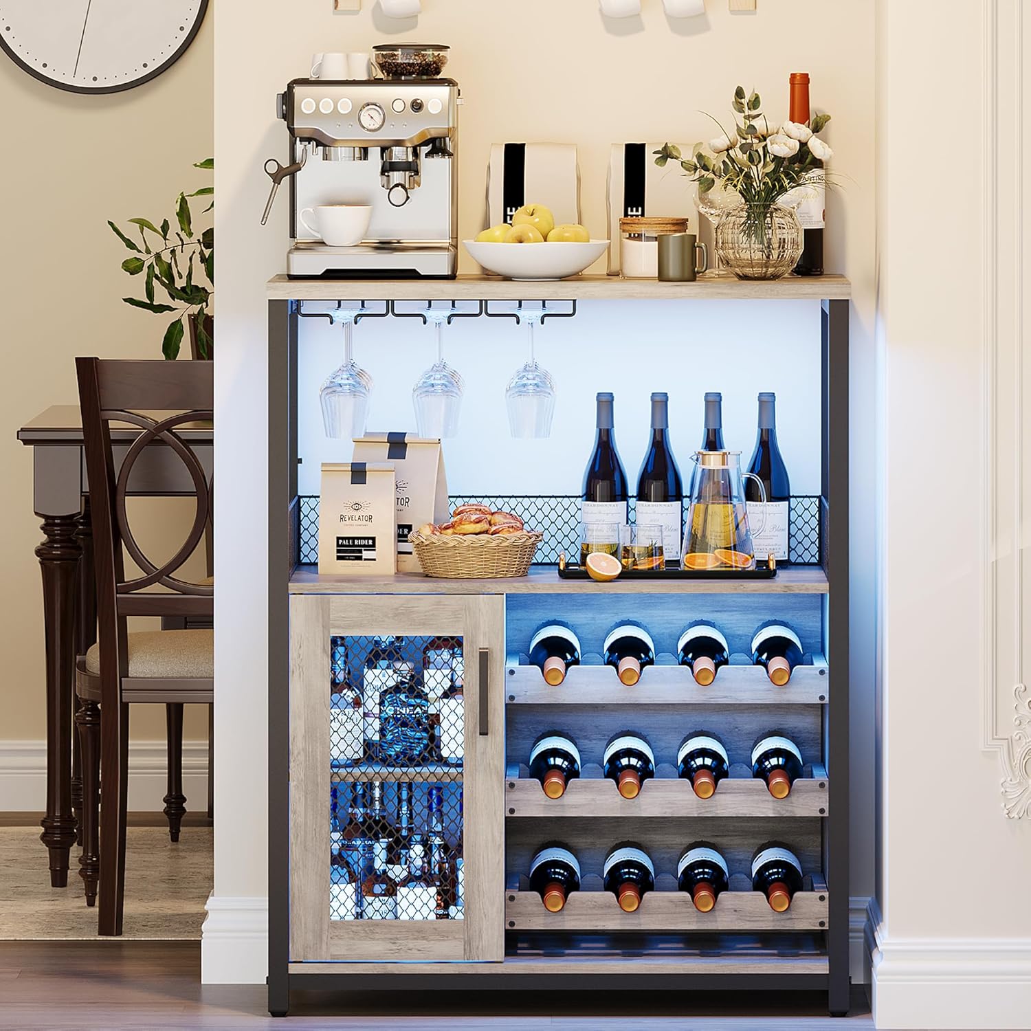 GarveeHome 3-Tier Wine Bar Cabinet with LED Lights & Wine Rack, Liquor Cabinet with Storage, Coffee Bar Cabinet with Glass Holder & Mesh Door, Sideboard Buffet Bar for Living Room, Dining Room, Grey