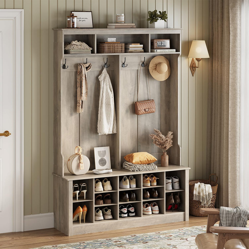 Wodeer Hall Tree with Bench and Shoe Storage, 53" Farmhouse 4-in-1 Mudroom Storage Organizer with Coat Rack, 6 Hooks, 12 Shoe Cubbies, Adjustable Shelf, for Entryway, Hallway, Living Room, Grey