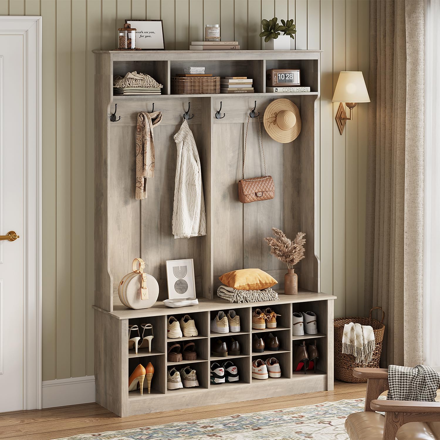Wodeer Hall Tree with Bench and Shoe Storage, 53" Farmhouse 4-in-1 Mudroom Storage Organizer with Coat Rack, 6 Hooks, 12 Shoe Cubbies, Adjustable Shelf, for Entryway, Hallway, Living Room, Grey