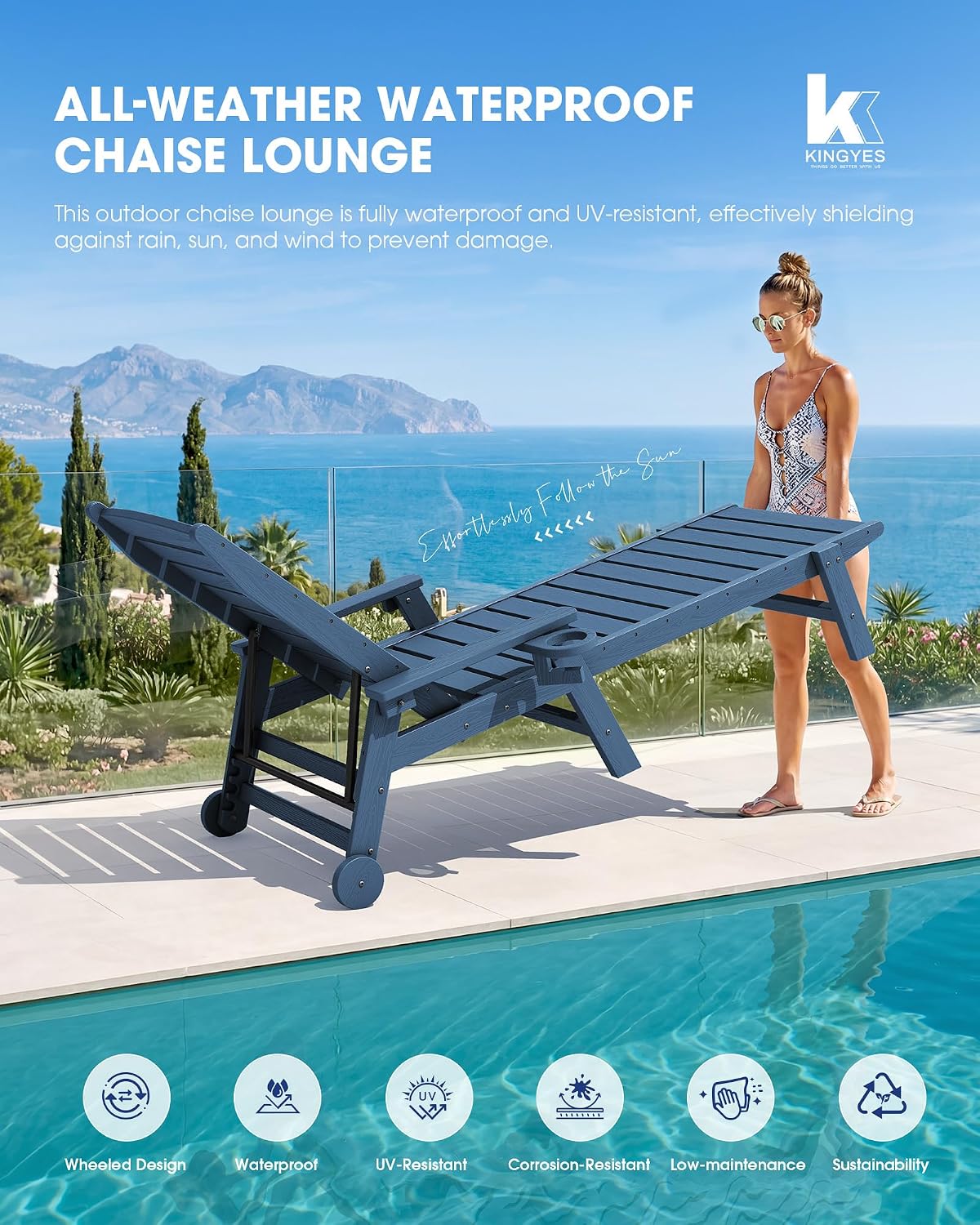 KINGYES HDPE Lounge Chair Outdoor Set of 2, Patio Chaise Lounge Recliner with Cup Holder All Weather Pool Lounger for Outside, Blue