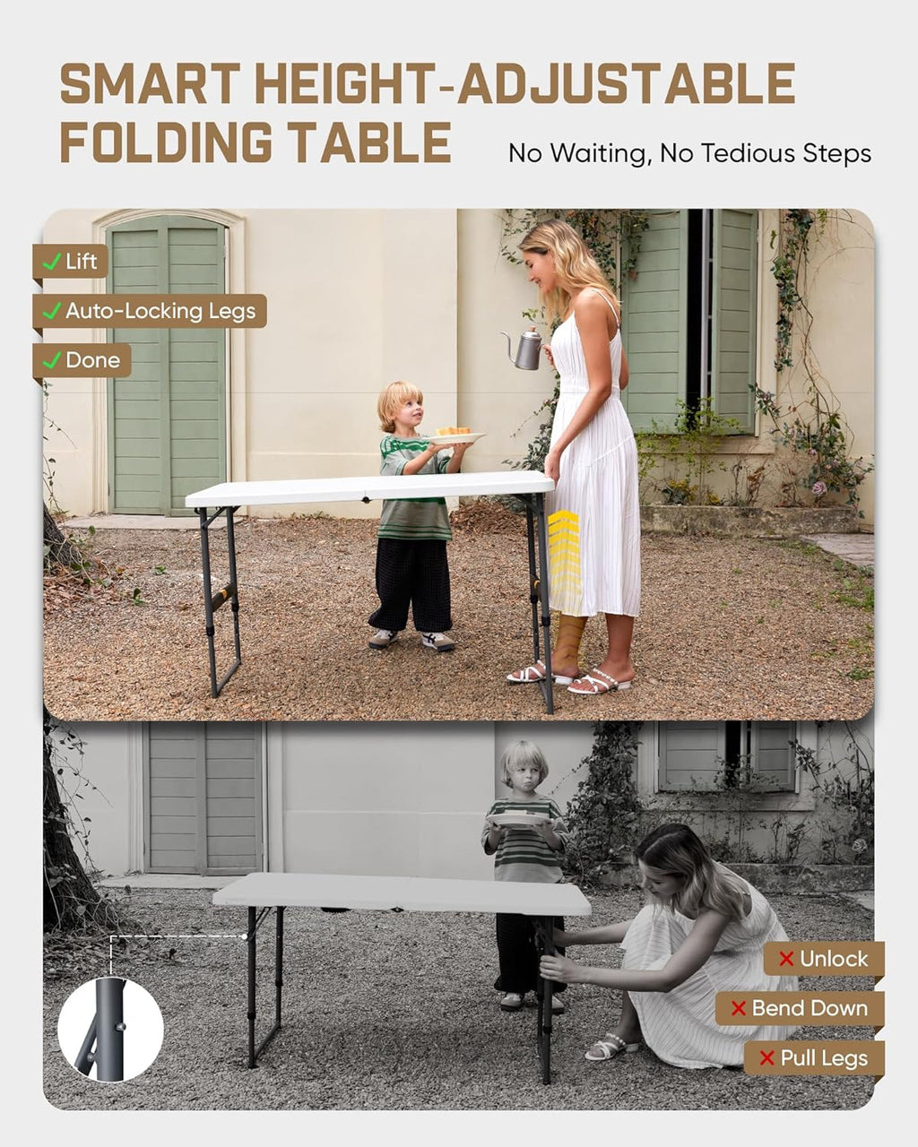 FanttikOutdoor Folding Table 4 Foot, Effortless Quick Adjustable Height Foldable Small Card Table, Fixing Lock, Stable for Party Dining Events Picnic Indoor Outdoor Camping, 1 Pack, Zeta X4 Pro White