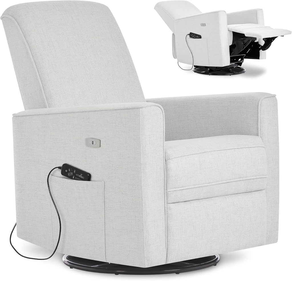Evolur Harlow Deluxe Upholstered Plush Seating Glide Rocker, Swivel, Power Recliner USB Port with in-Built Massager, Greenguard Gold Certified, Glider Chair for Nursery in Fog Grey