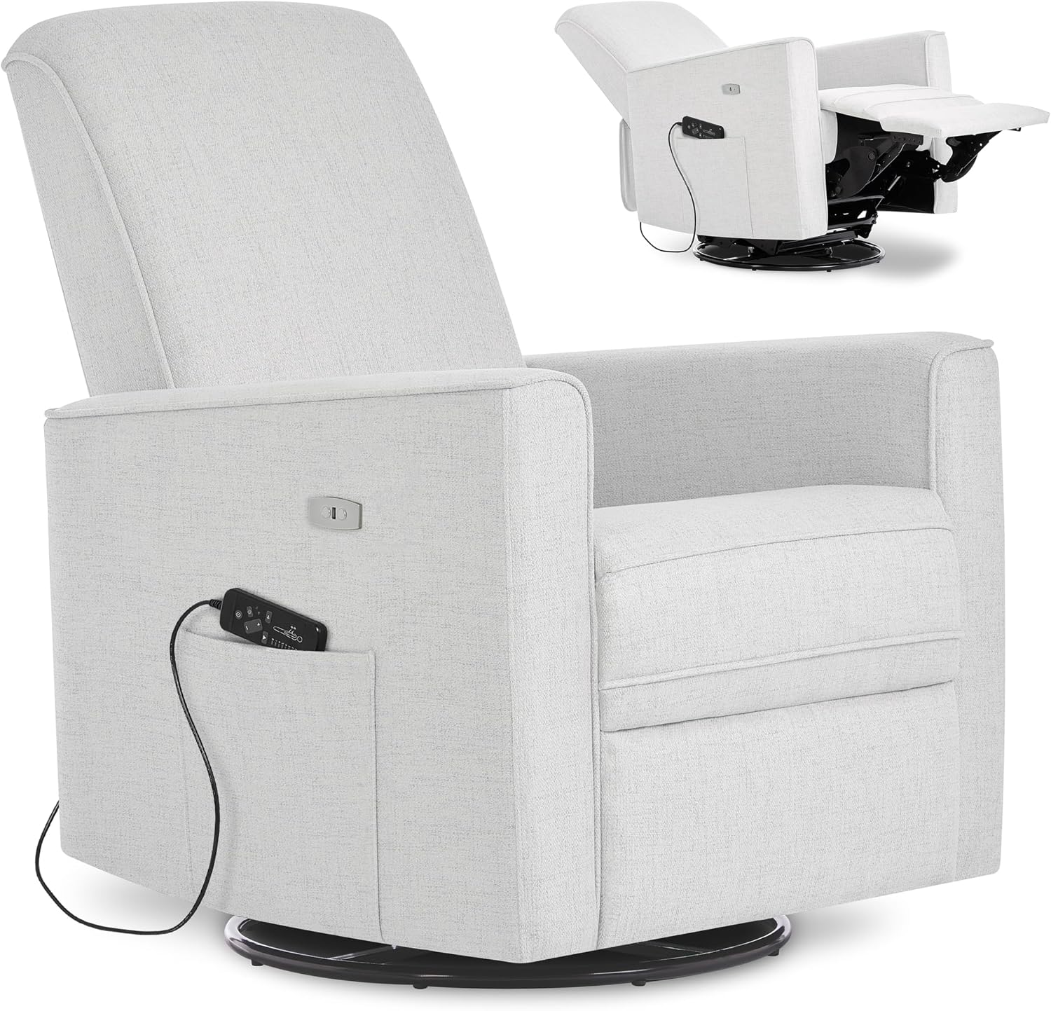 Evolur Harlow Deluxe Upholstered Plush Seating Glide Rocker, Swivel, Power Recliner USB Port with in-Built Massager, Greenguard Gold Certified, Glider Chair for Nursery in Fog Grey