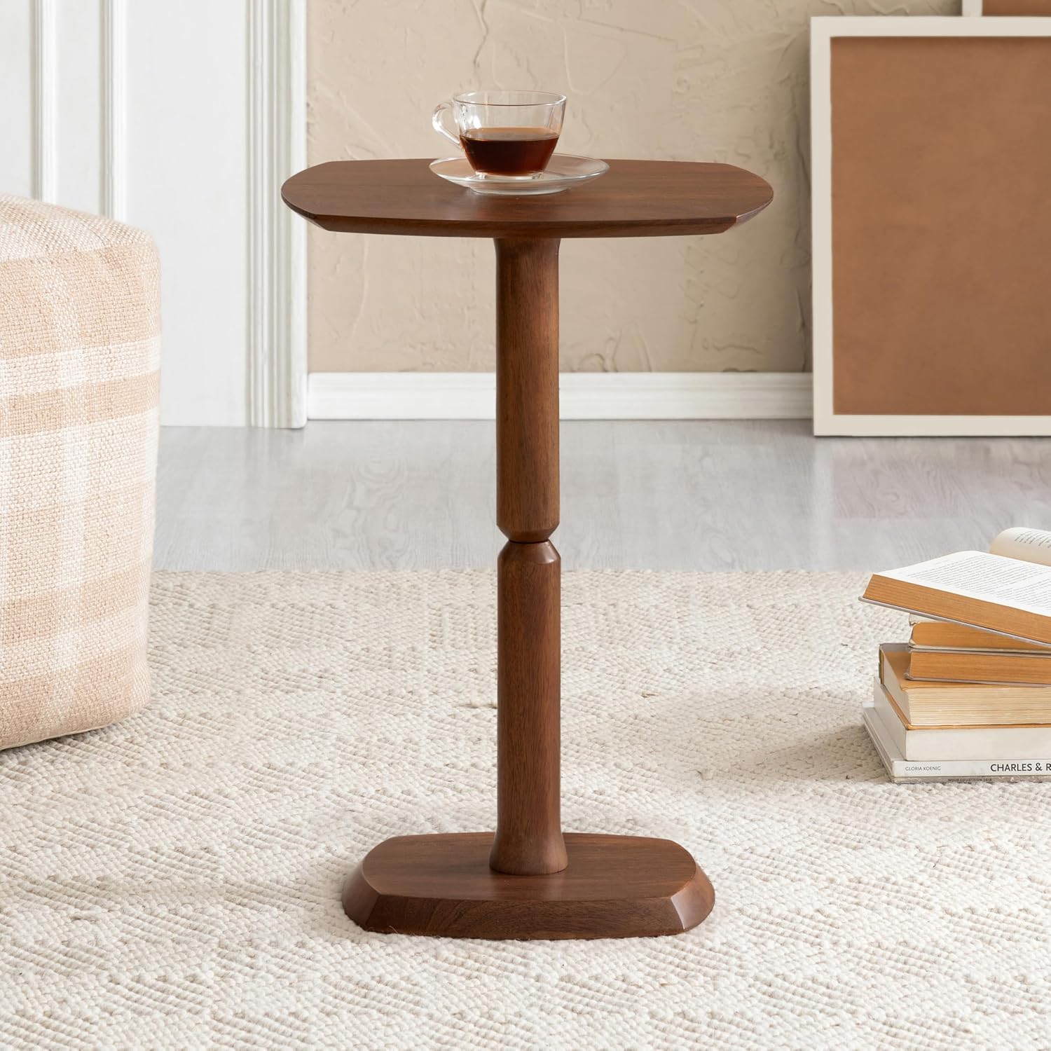 MH London Cooper Drink Table - 22" High Solid Mango Wood Pedestal Side Table - Minimalist Handmade Walnut Accent Table for Small Spaces