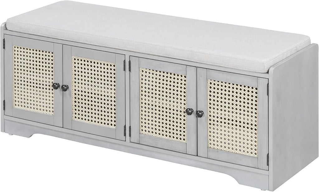 Storage Bench with Cushion, Rattan Door Shoe Cabinet, Gray | 4 Rattan Doors, Upholstered Seat, Entryway Organizer, Built-in Shelves, Boho Style