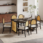 LUMISOL 7-Piece Dining Table Set with 6 Chairs, Rectangular Kitchen Table Set with 6 Rattan Chairs for Kitchen, Dining Room, Espresso+Beige