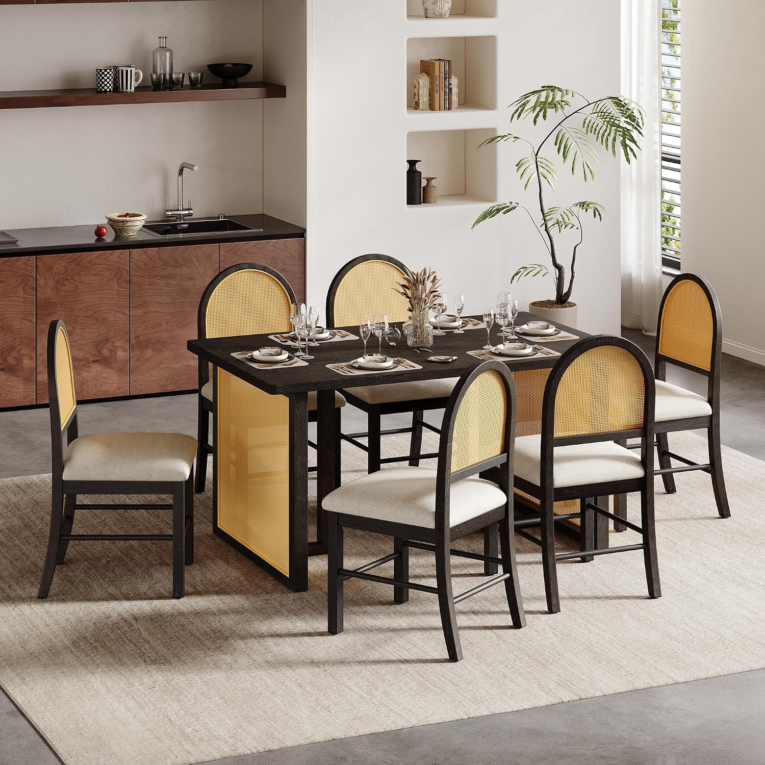 LUMISOL 7-Piece Dining Table Set with 6 Chairs, Rectangular Kitchen Table Set with 6 Rattan Chairs for Kitchen, Dining Room, Espresso+Beige